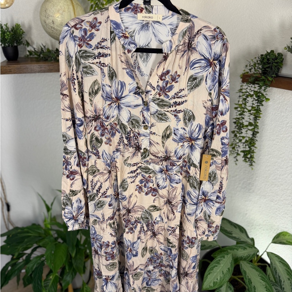 Floral Print Dress by in Cream and Blue